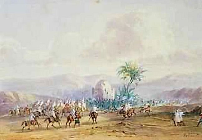Peinture du combat de Sidi-Brahim en 1845, chasseurs à pied retranchés faisant face aux cavaliers d'Abd el-Kader